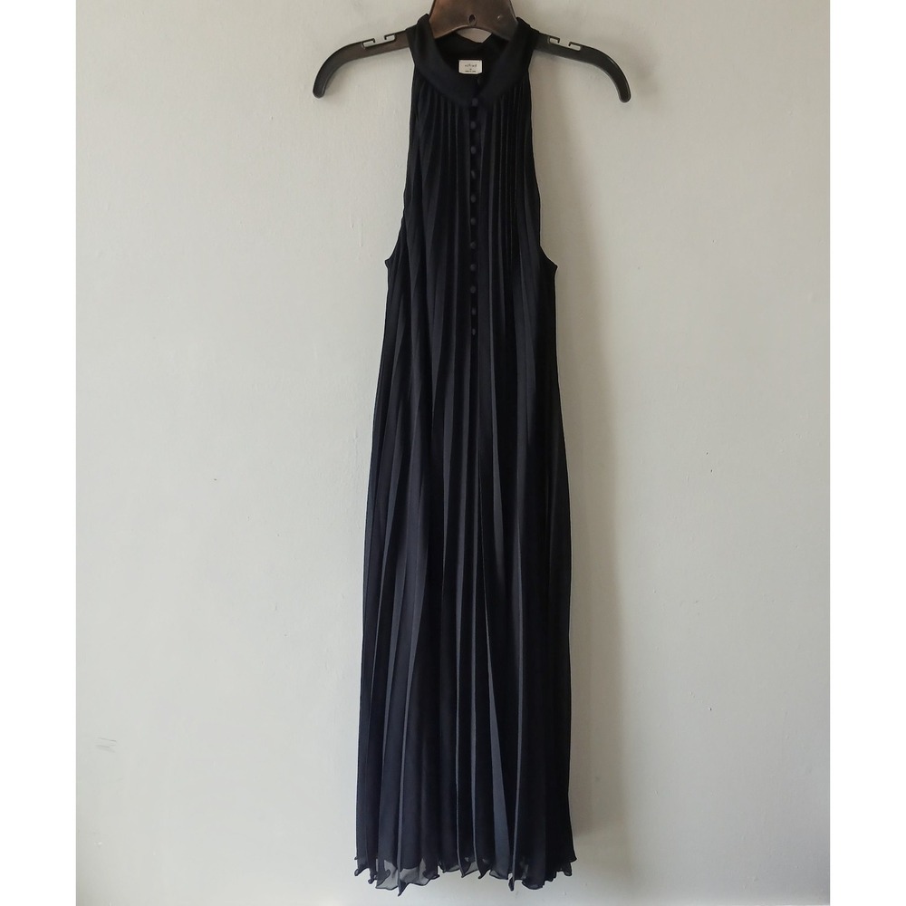 Wilfred Women's‎ Size Medium Mosaic Black Midi Dress Pleated Chiffon High Neck
